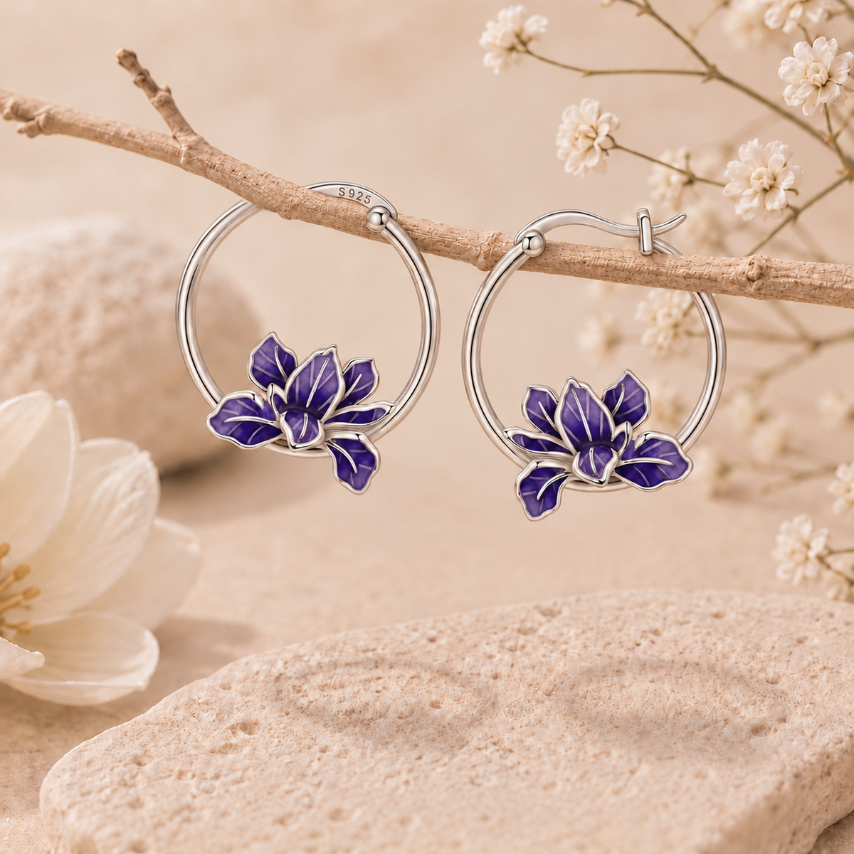 Iris at Dusk — Purple Iris Hoop Earrings
